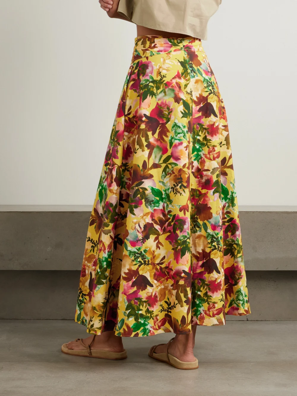 Back view of the Saloni Neesha Belted Floral-print Cotton Midi Skirt