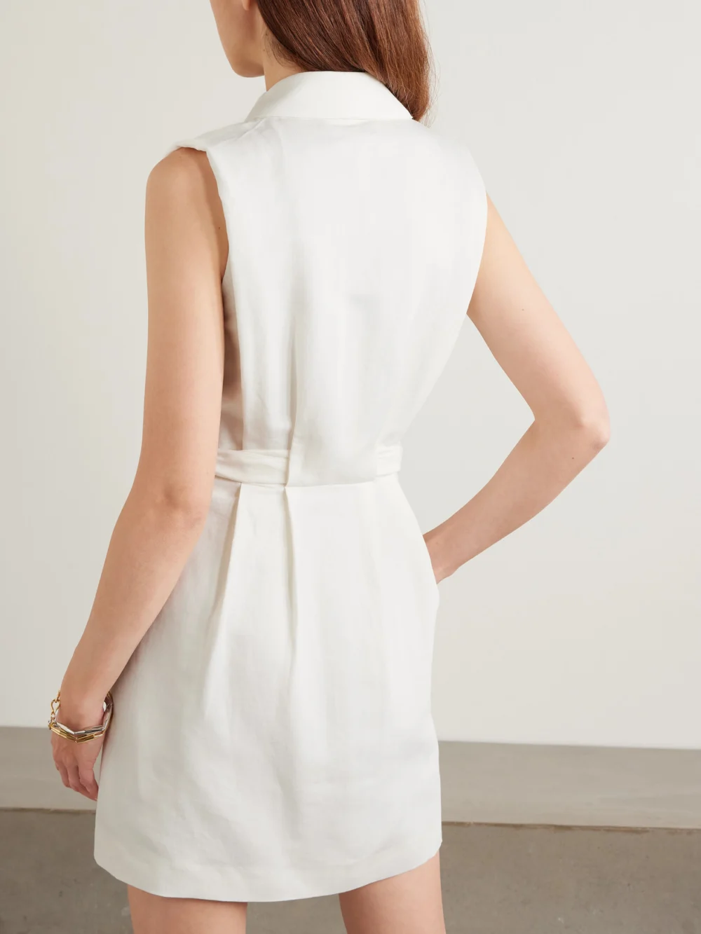 Back view of the Saloni Nya Belted Cotton, Linen and Silk-blend Mini Shirt Dress