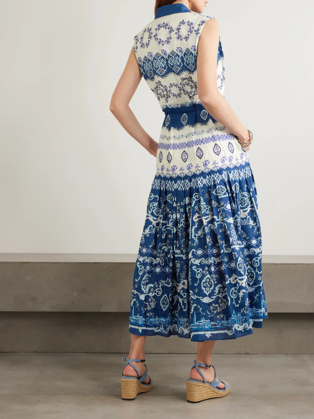 Back view of the Saloni Nya Belted Floral-print Linen Midi Shirt Dress