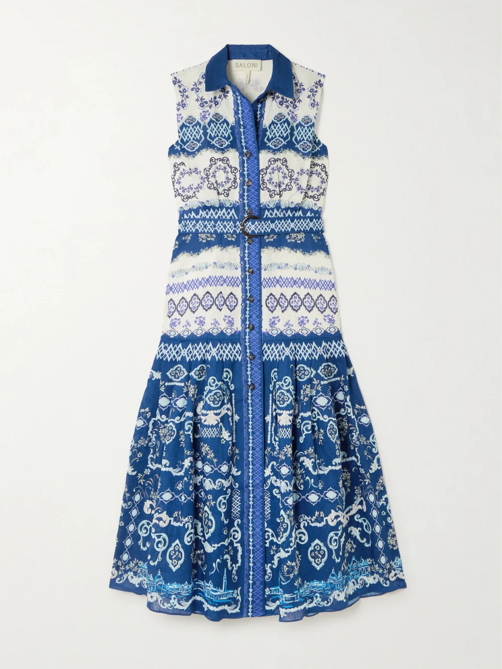 Saloni Nya Belted Floral-print Linen Midi Shirt Dress in blue