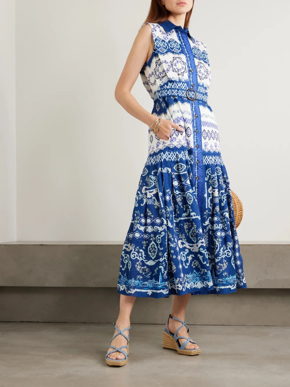 Saloni Nya Belted Floral-print Linen Midi Shirt Dress, worn by a model