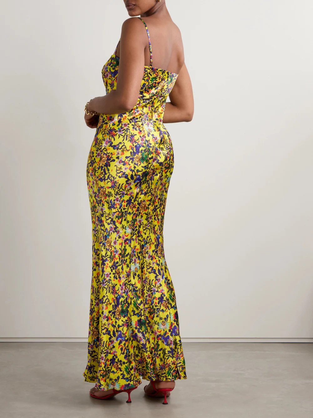 Back view of the Saloni Renee Ruched Printed Silk-satin Gown