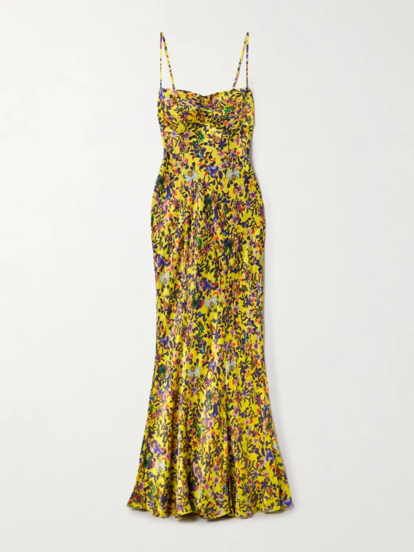 Saloni Renee Ruched Printed Silk-satin Gown