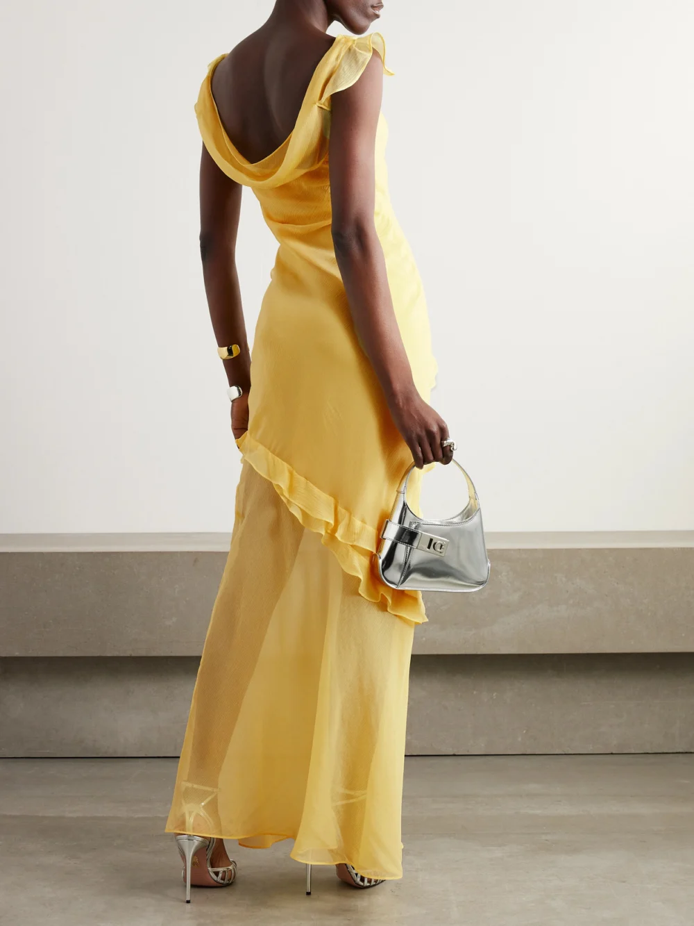 Back view of the Saloni Renu Draped Ruffled Silk-blend Crepon Gown