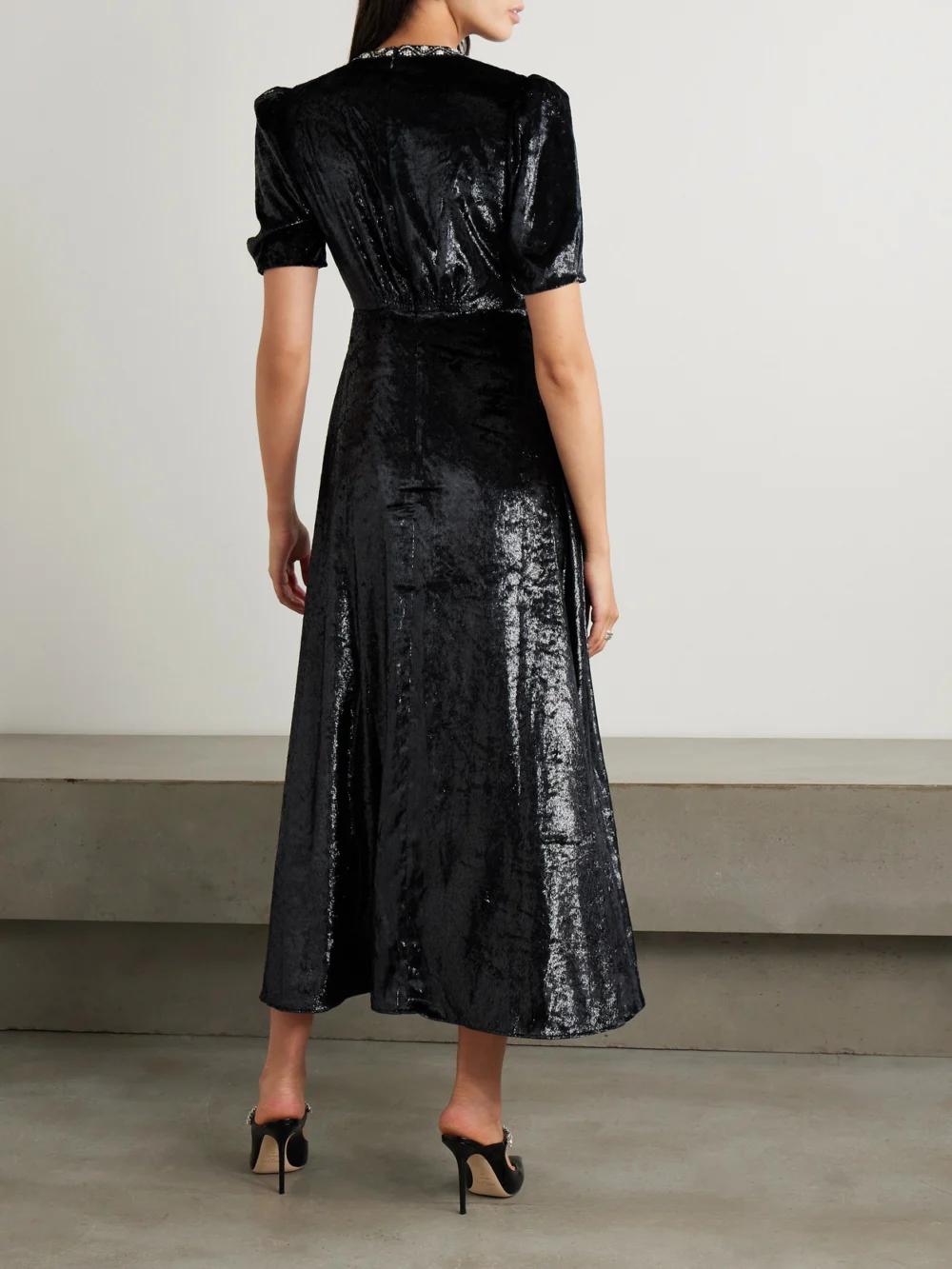 Back view of the Saloni Tabitha Embellished Metallic Velvet Midi Dress