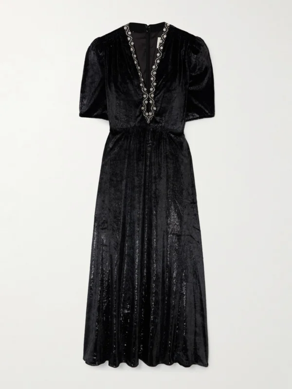 Saloni Tabitha Embellished Metallic Velvet Midi Dress