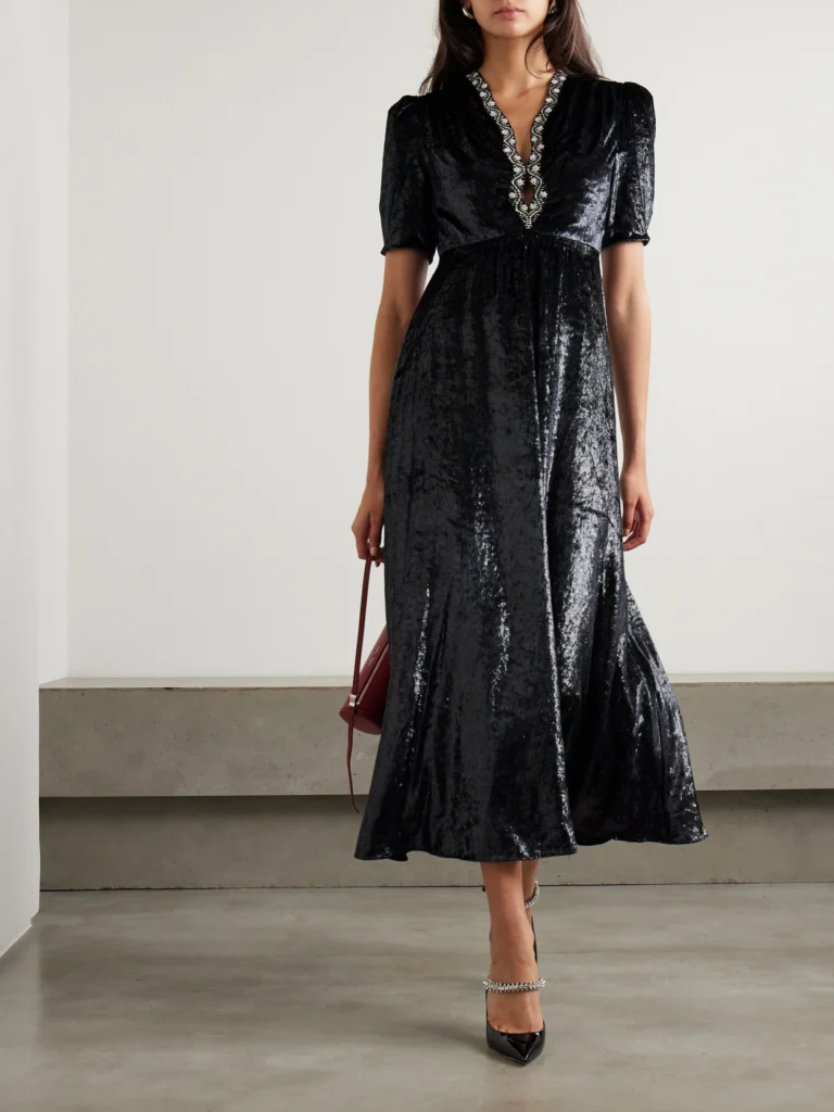 Saloni Tabitha Embellished Metallic Velvet Midi Dress