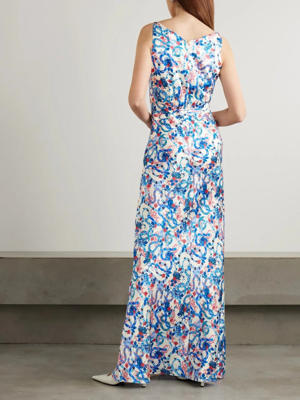 Back view of the Saloni Wilhelmina Printed Silk-satin Maxi Dress