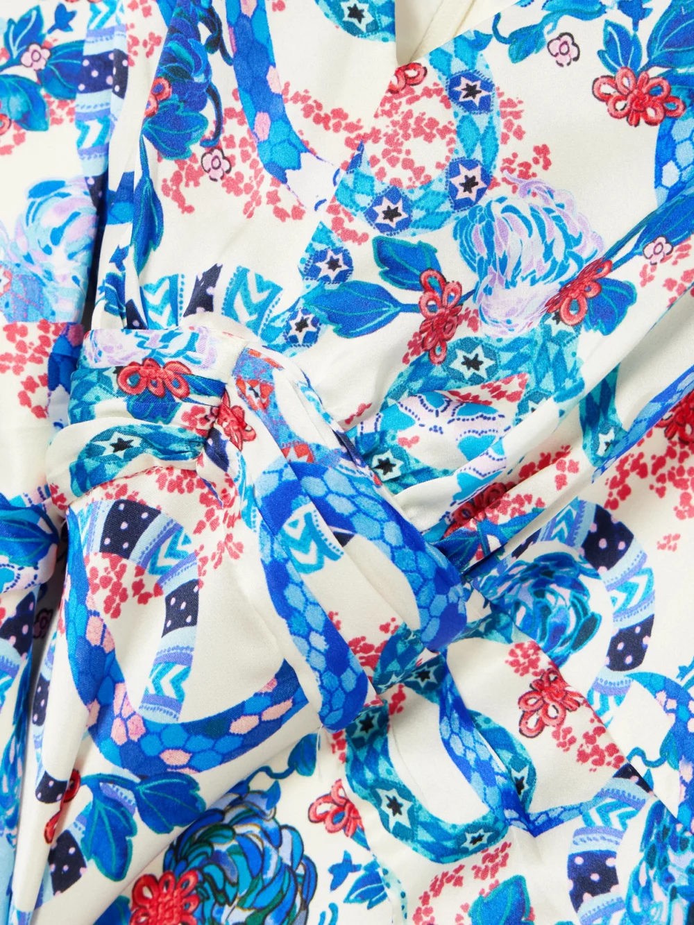 Close-up detail of the Saloni Wilhelmina Printed Silk-satin Maxi Dress