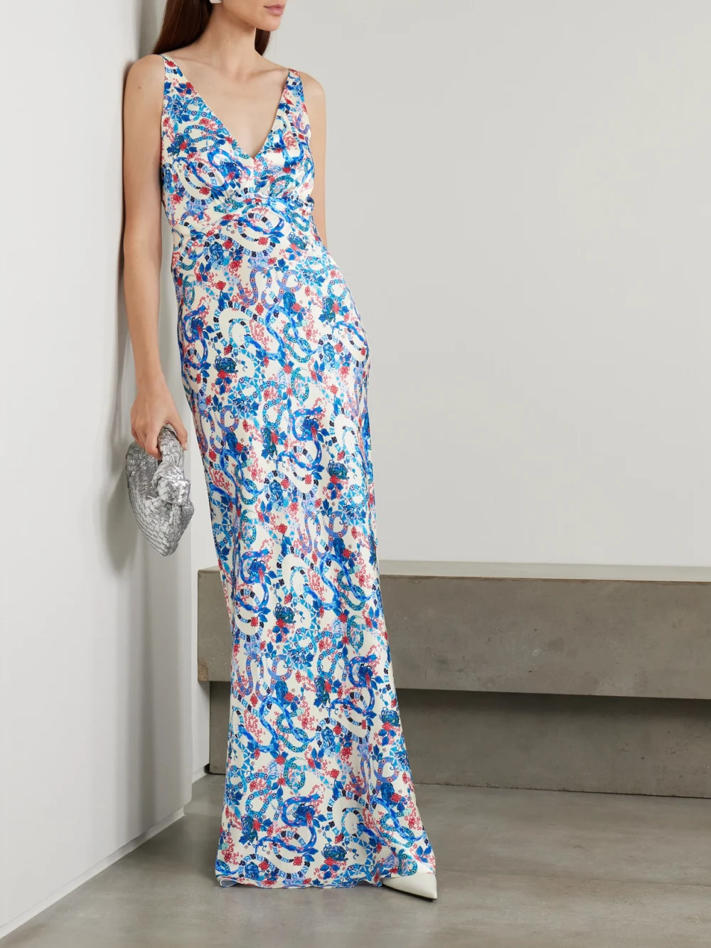 Saloni Wilhelmina Printed Silk-satin Maxi Dress, worn by a model