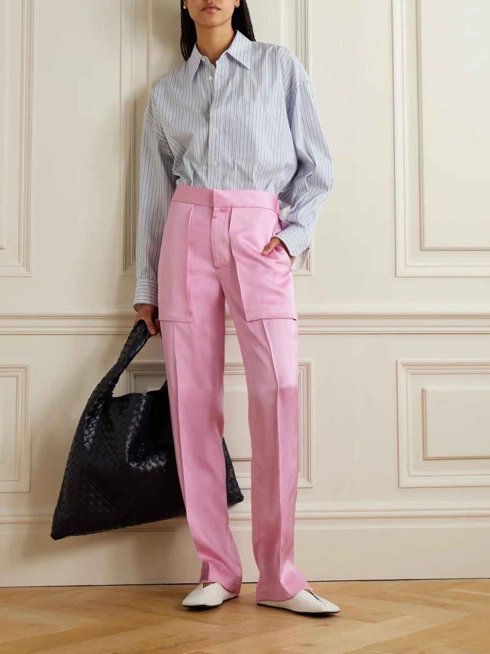 Sasuphi Adriana Satin-trimmed Silk-blend Straight-leg Pants, worn by a model