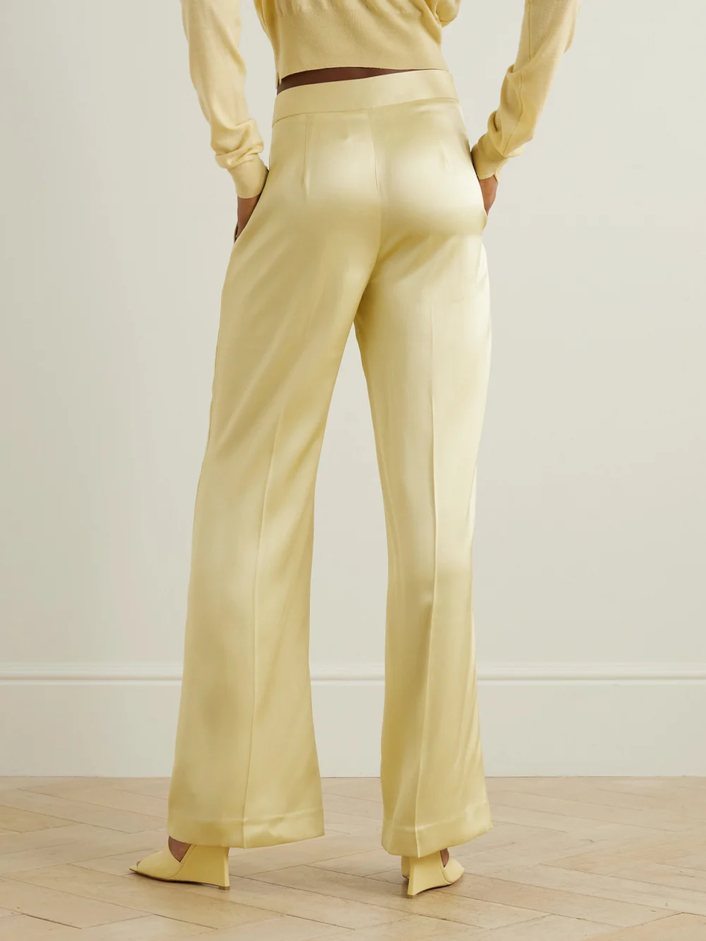 Back view of the Sasuphi Andrea Silk-blend Satin Straight-leg Pants