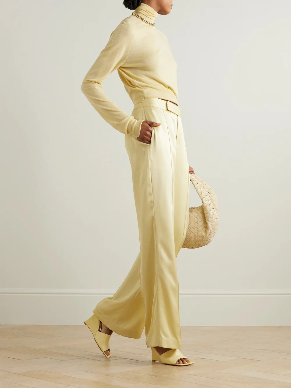 Sasuphi Andrea Silk-blend Satin Straight-leg Pants, worn by a model