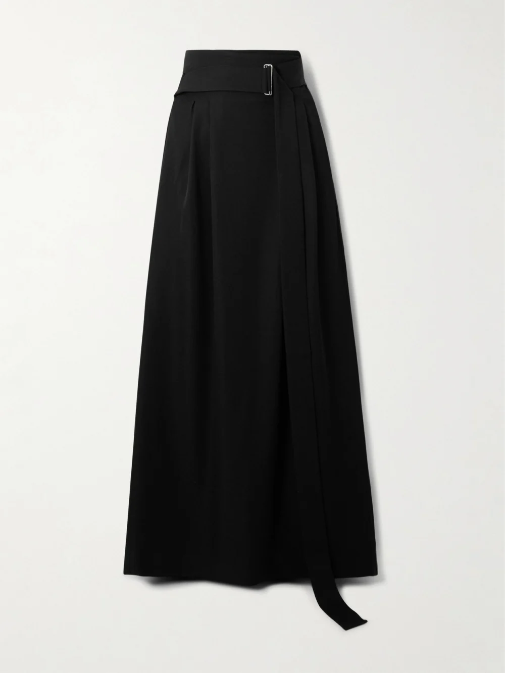 Sasuphi Angela Belted Pleated Grain De Poudre Wool Maxi Skirt in black