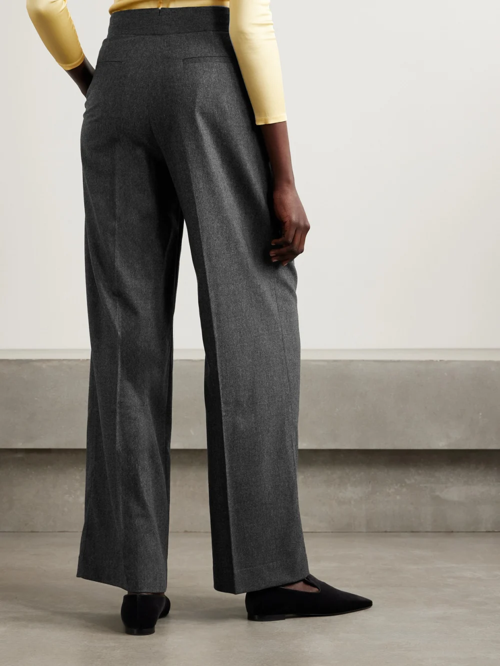 Back view of the Sasuphi Bogart Pleated Wool-blend Flannel Wide-leg Pants