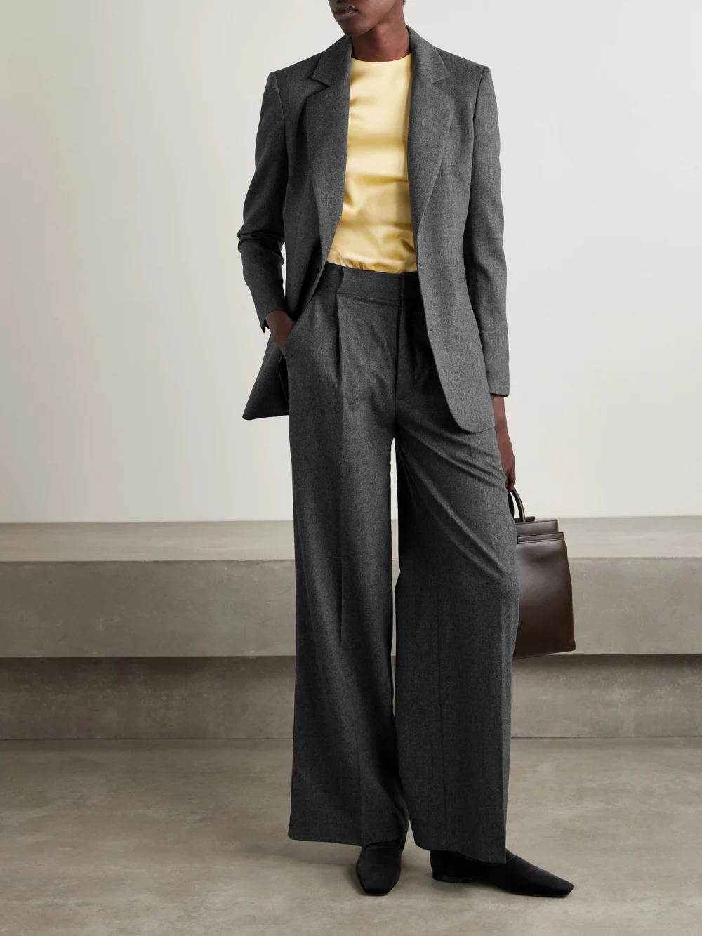 Sasuphi Bogart Pleated Wool-blend Flannel Wide-leg Pants, worn by a model