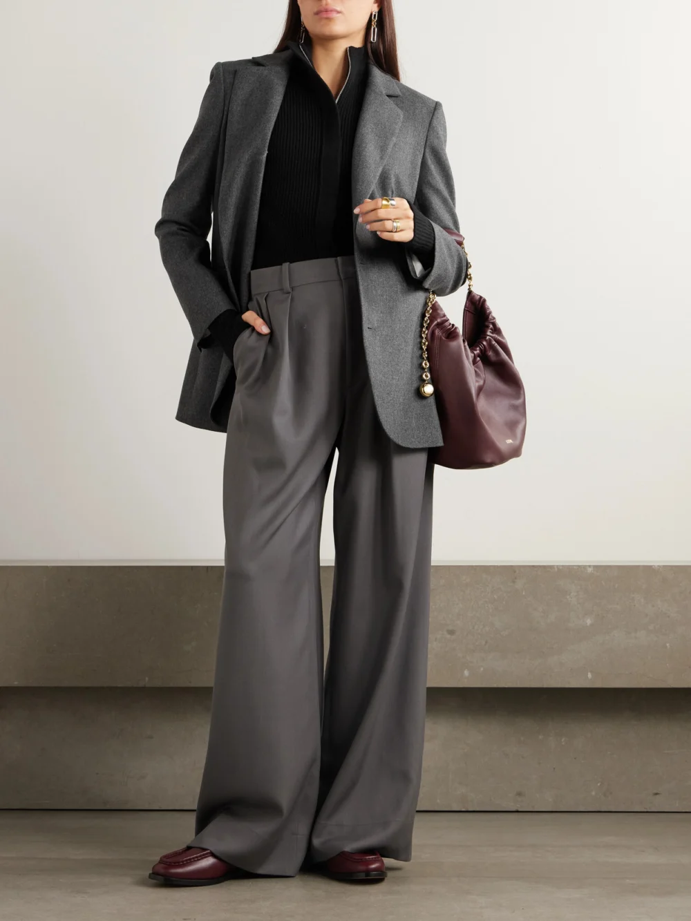 Sasuphi Bogart Wool-blend Flannel Blazer, worn by a model