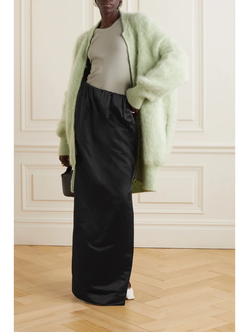 Sasuphi Gilda Gathered Duchesse Silk-satin Maxi Skirt, worn by a model