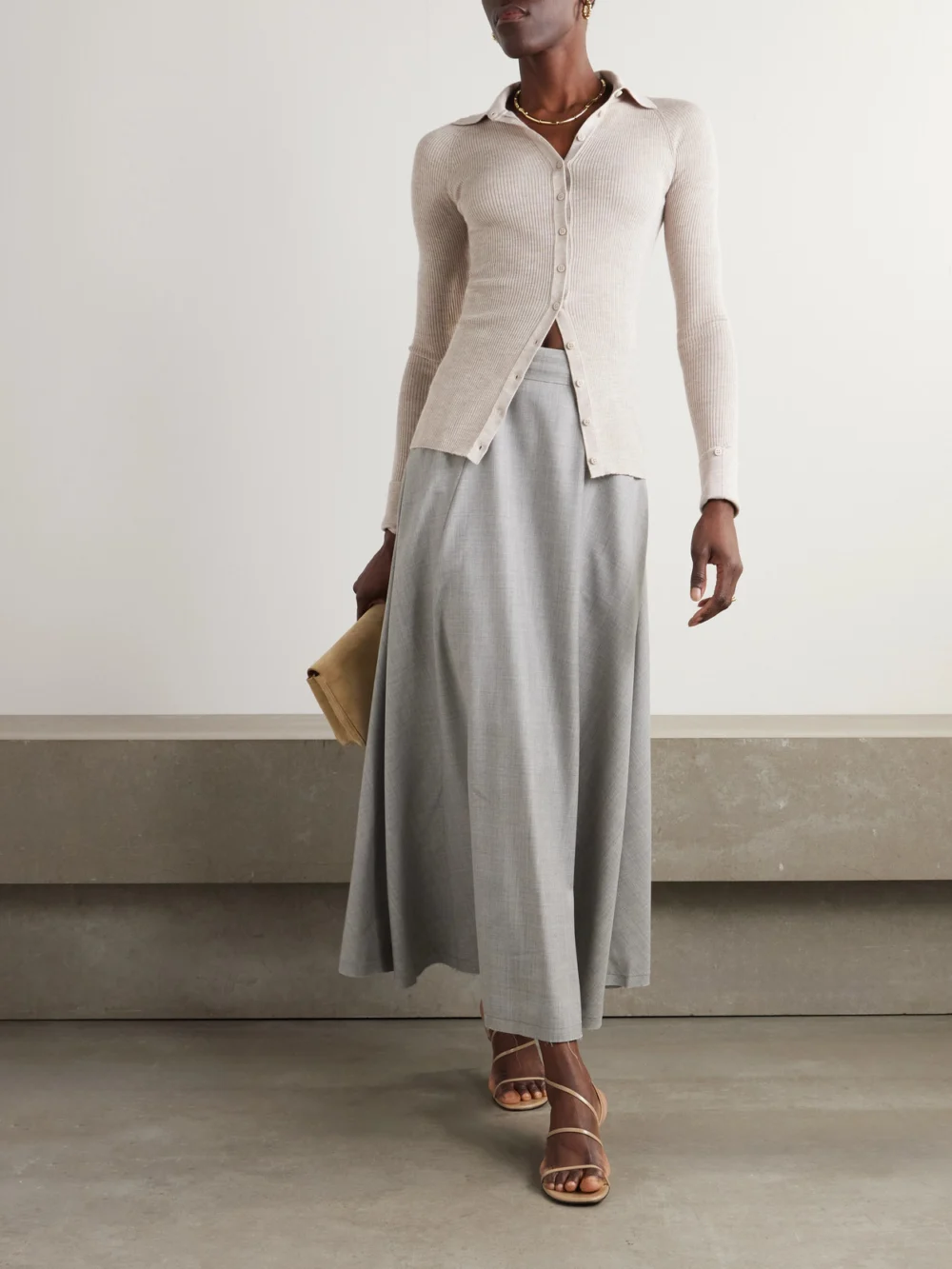 Sasuphi Lauren Frayed Wool Maxi Skirt, worn by a model