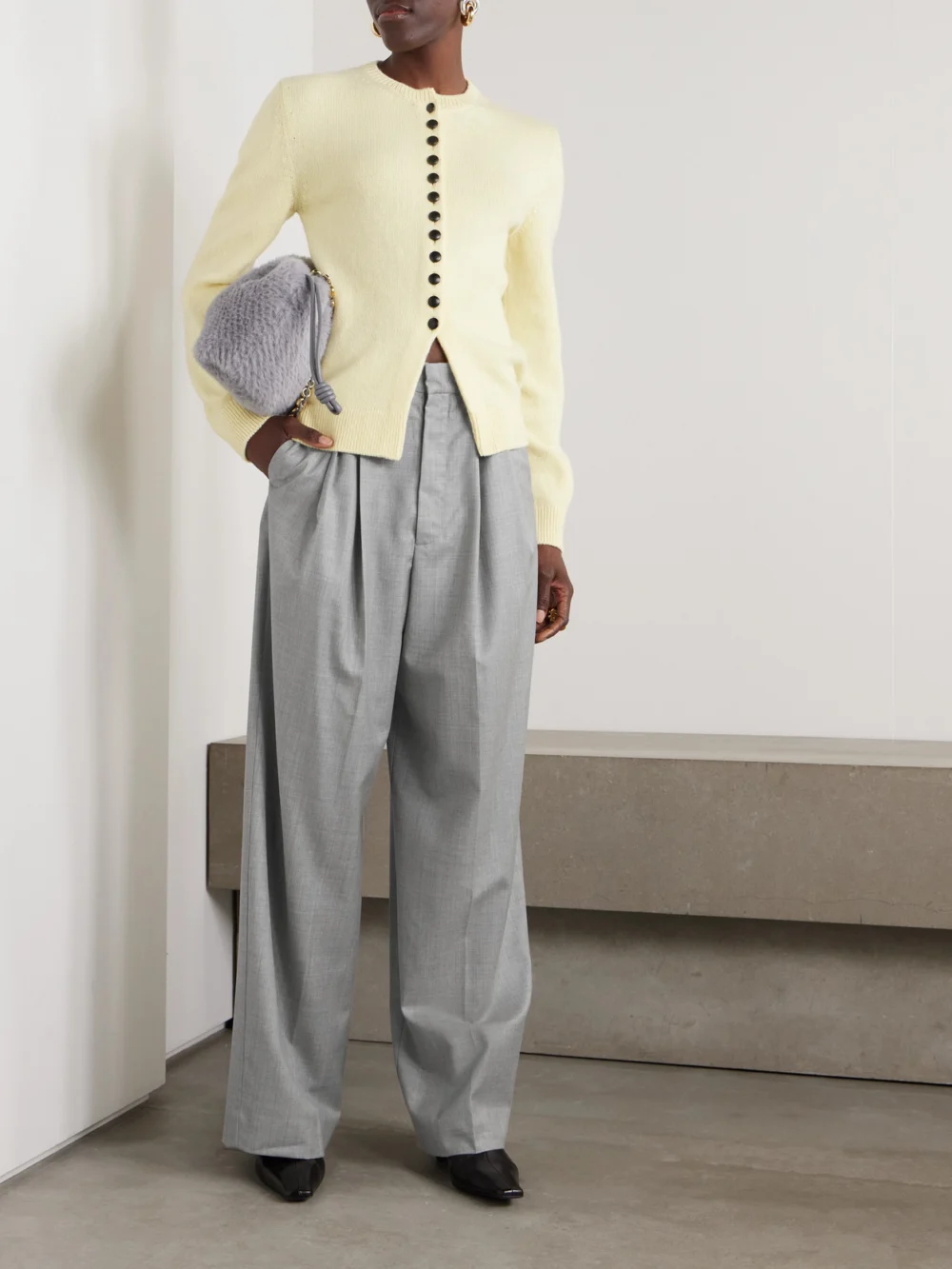 Sasuphi Lauren Pleated Wool Wide-leg Pants, worn by a model
