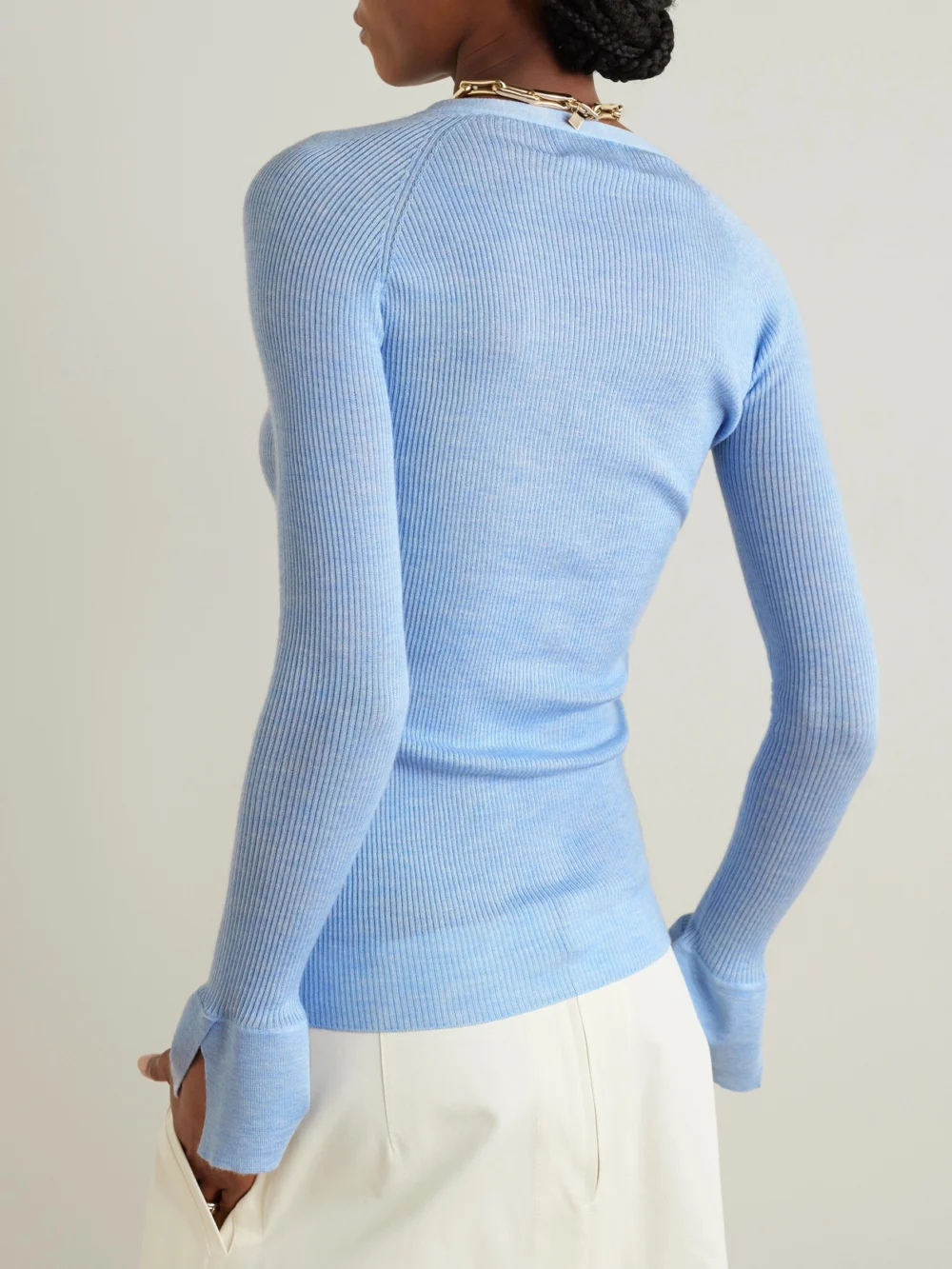 Back view of the Sasuphi Ribbed Cashmere and Silk-blend Cardigan