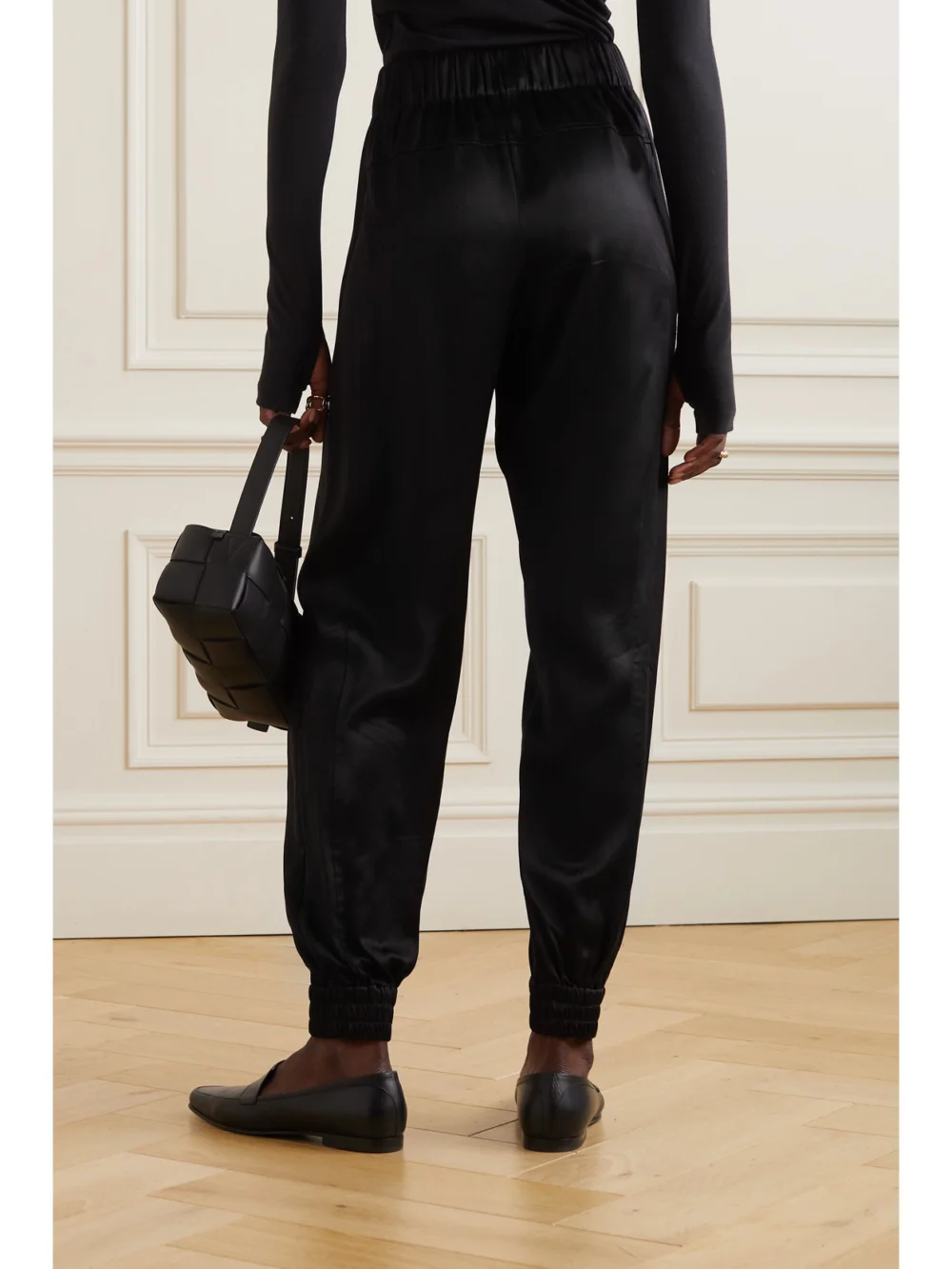 Back view of the Sasuphi Valentina Duchesse Silk Tapered Track Pants