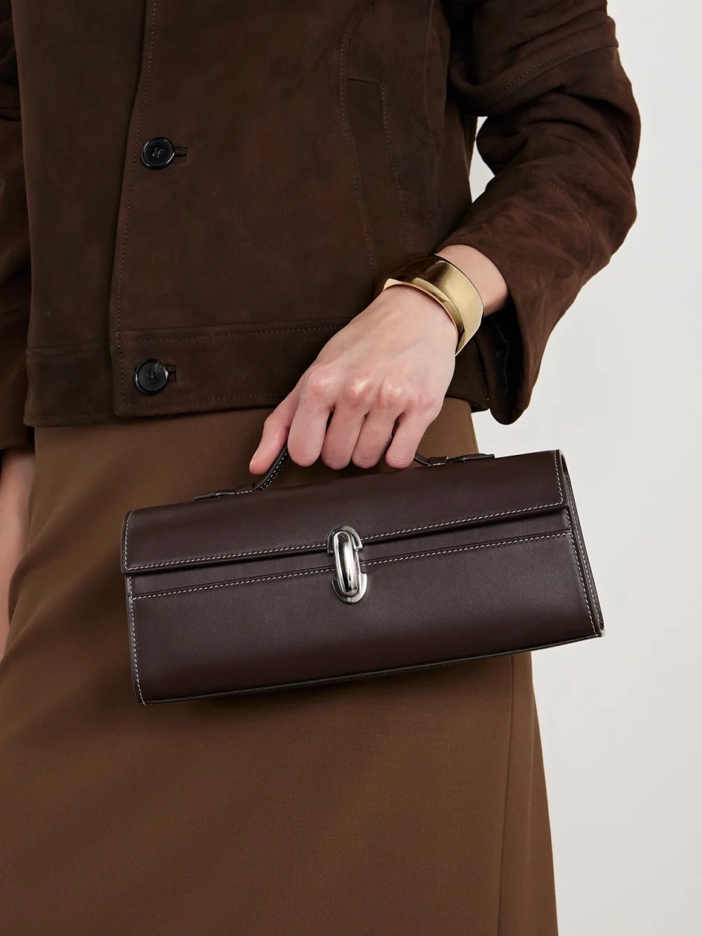 Savette Slim Symmetry Leather Top-handle Bag, styled view