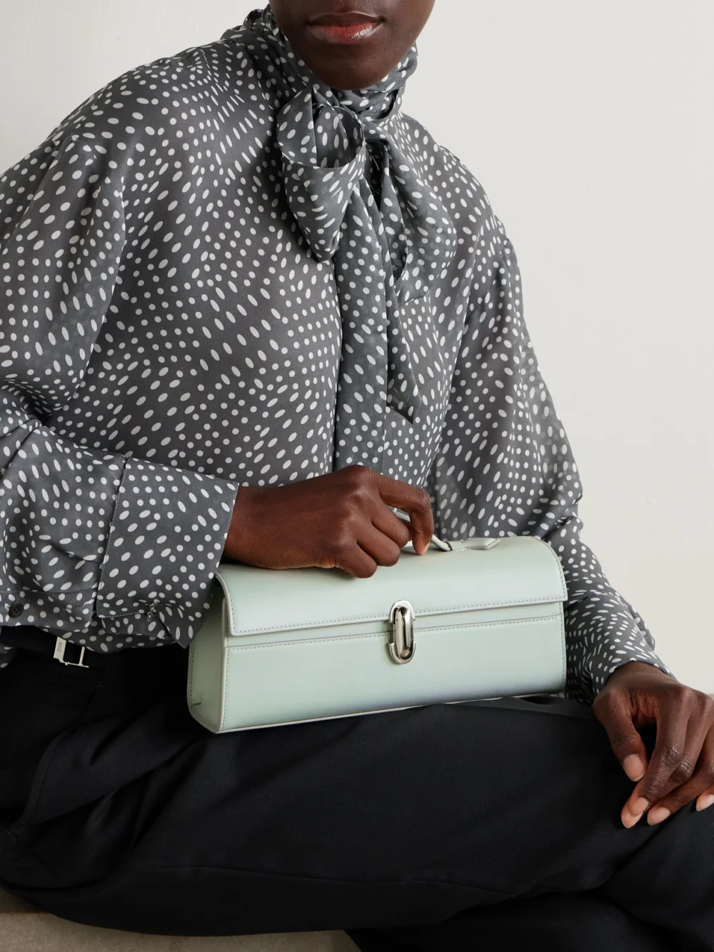 Savette Slim Symmetry Leather Top-handle Bag, styled view