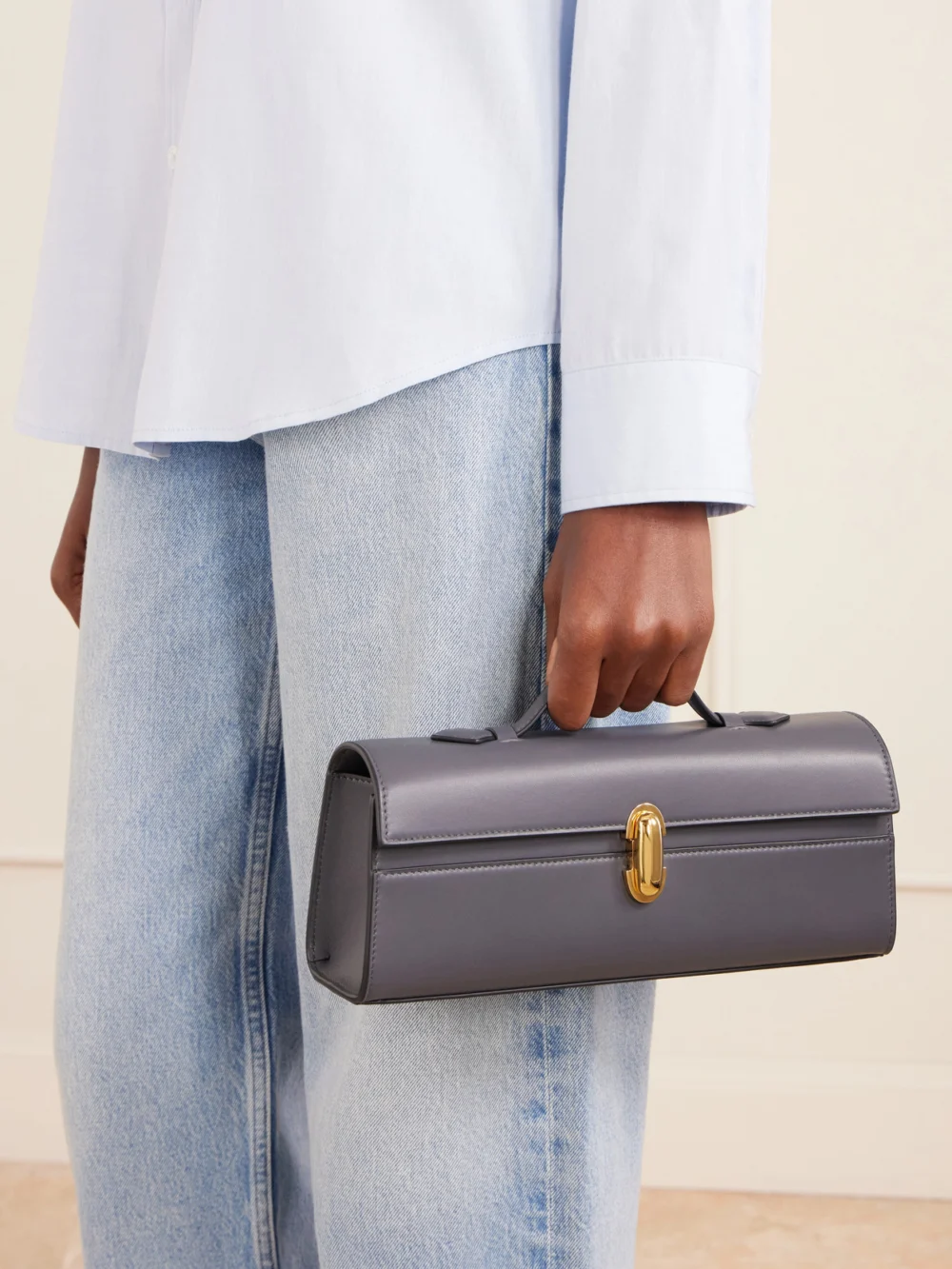 Savette Slim Symmetry Leather Top-handle Bag, styled view