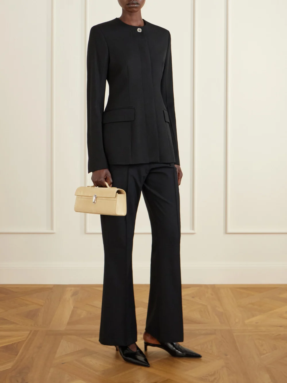 Savette Slim Symmetry Pochette Suede Top-handle Bag, styled view