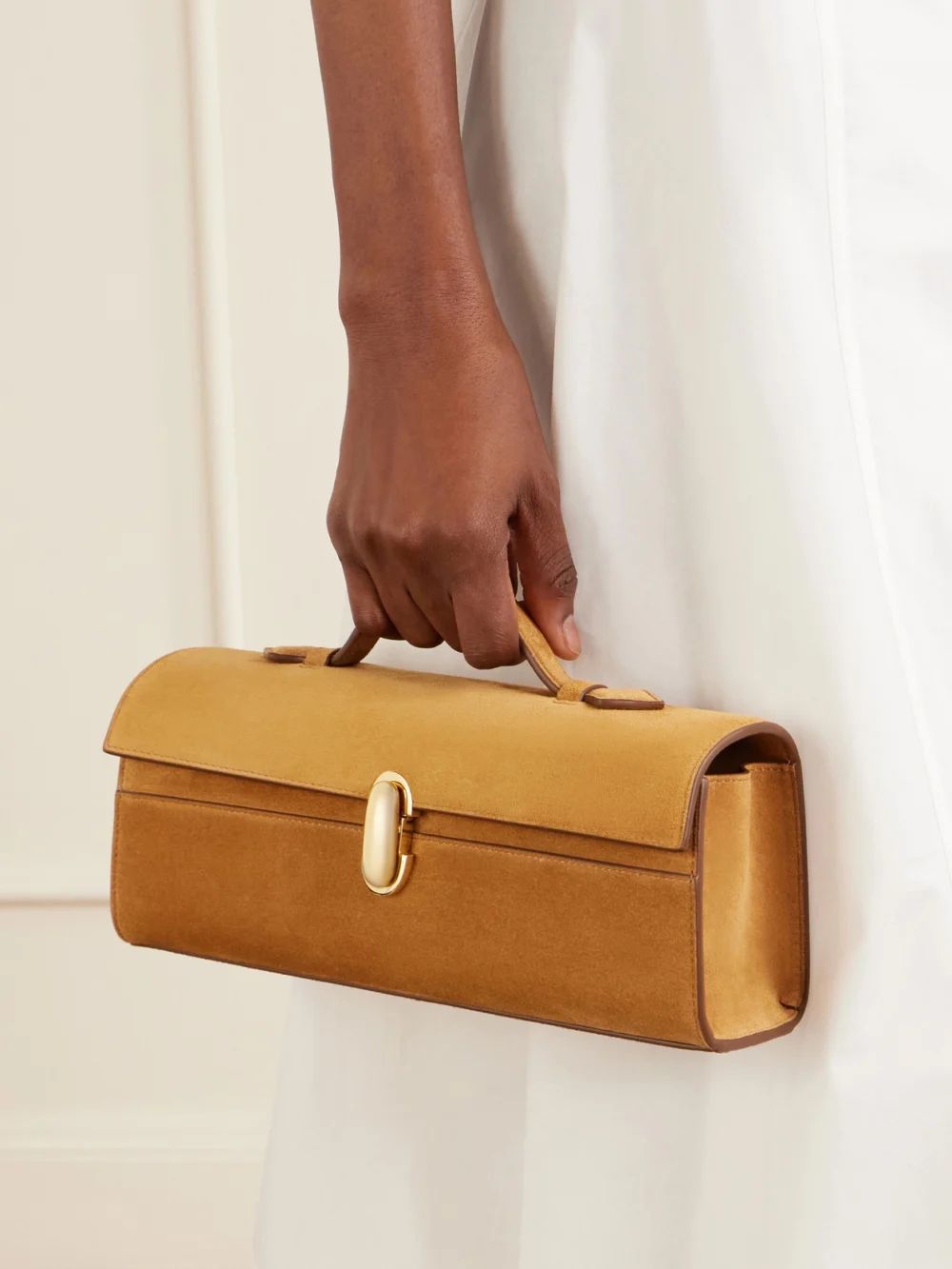Savette Slim Symmetry Pochette Suede Top-handle Bag, styled view