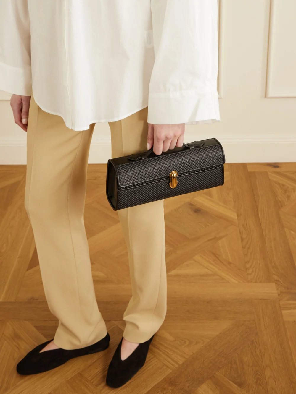 Savette Slim Symmetry Woven Leather Top-handle Bag, styled view