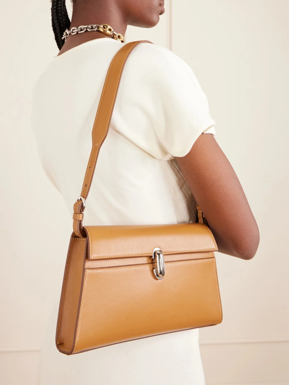 Savette Symmetry Leather Shoulder Bag, styled view