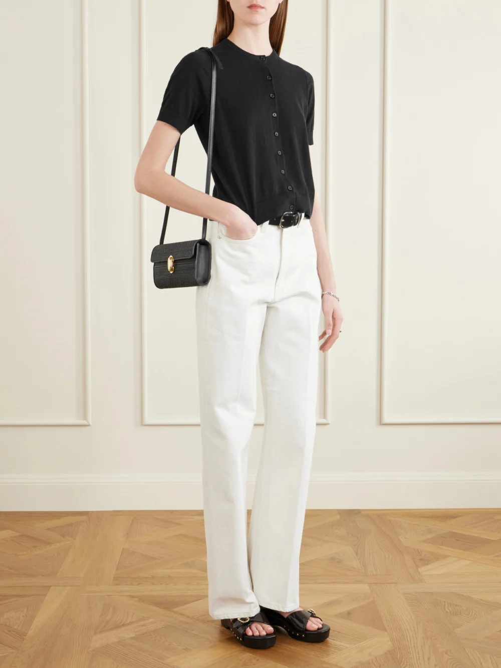 Savette Symmetry Leather-trimmed Woven Raffia Shoulder Bag, styled view
