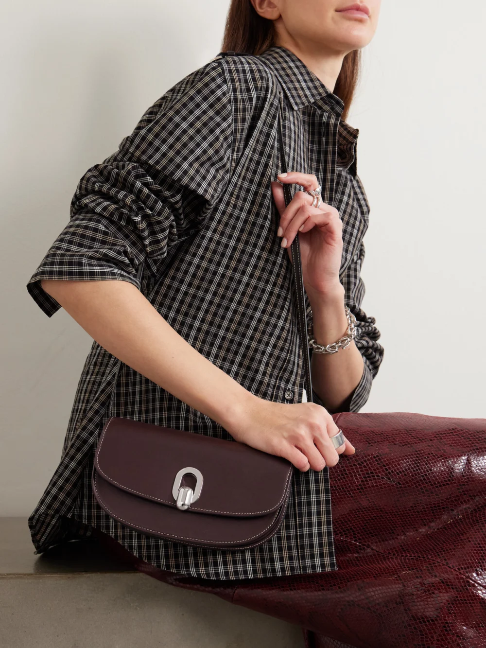 Savette Tondo Crescent Leather Shoulder Bag, styled view