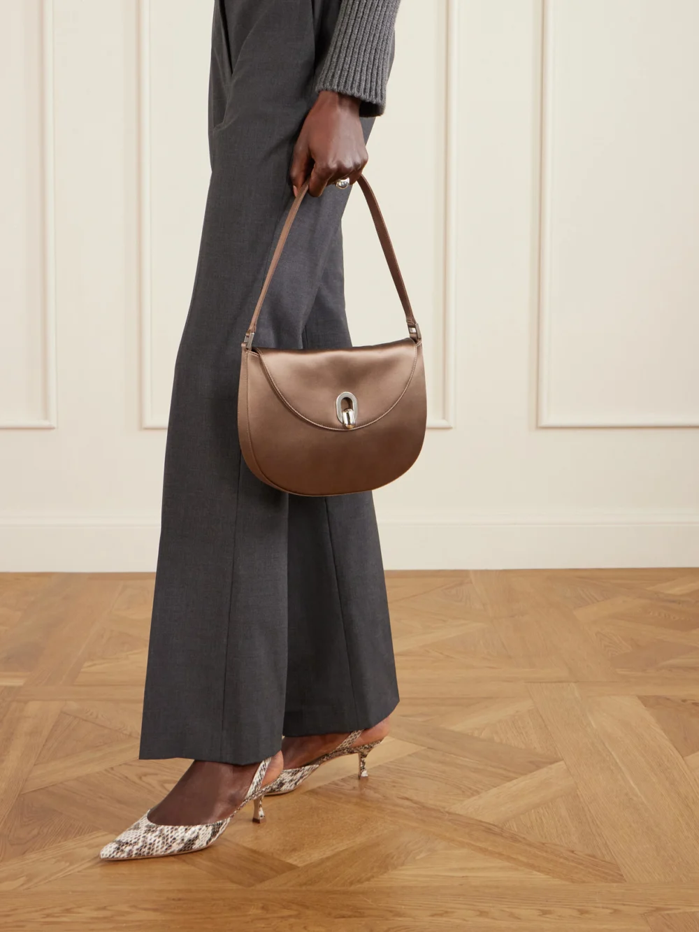 Savette Tondo Small Satin Shoulder Bag, styled view