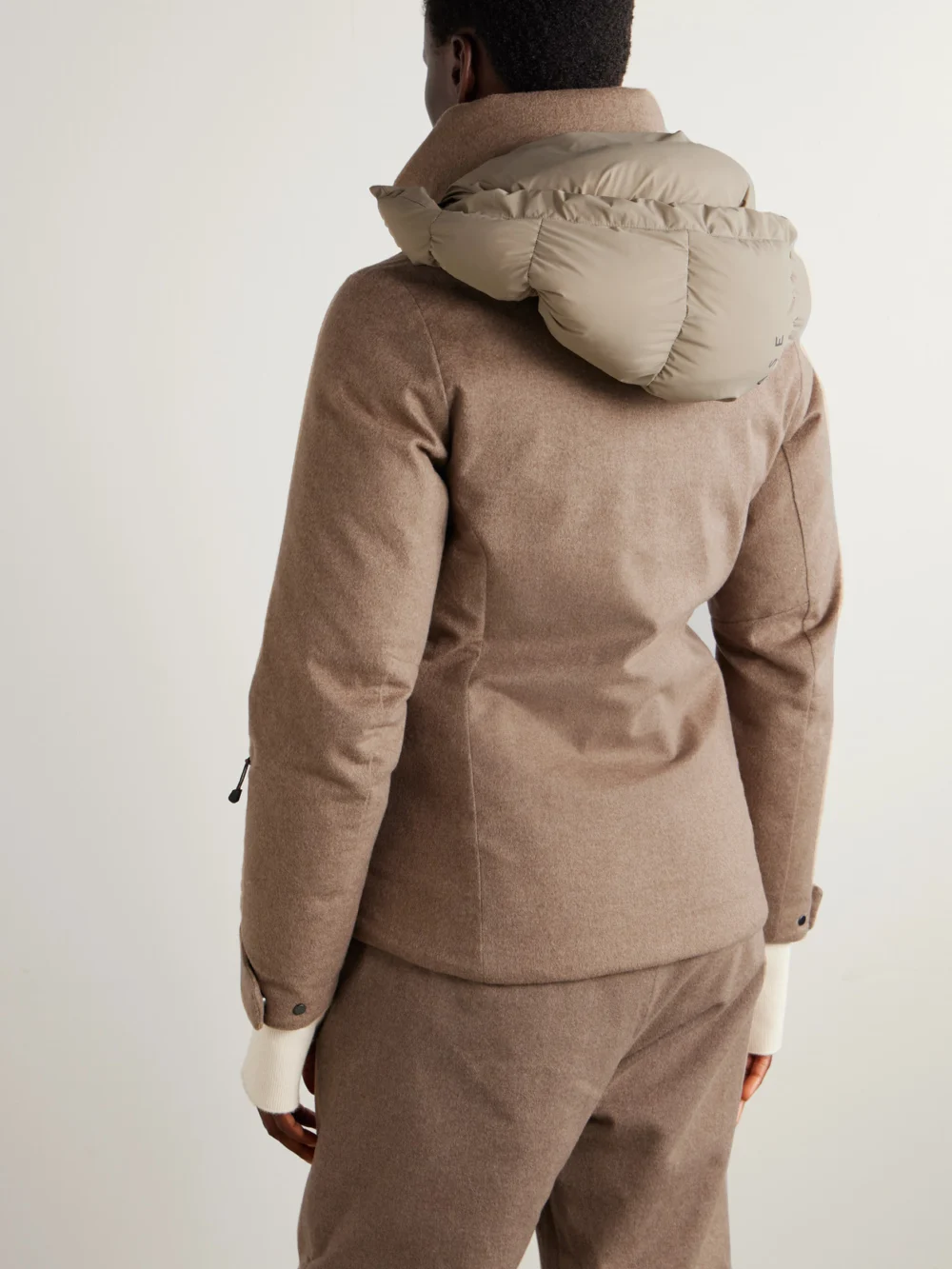 Back view of the Sease Armor 2.0 Hooded Padded Cable-knit Cashmere Ski Jacket