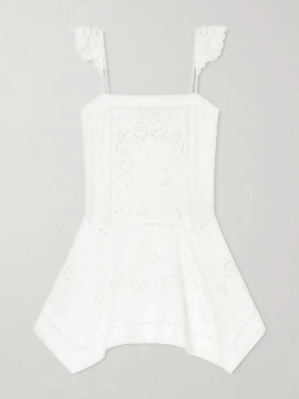 Self-Portrait Asymmetric Embroidered Linen and Cotton-blend Midi Dress
