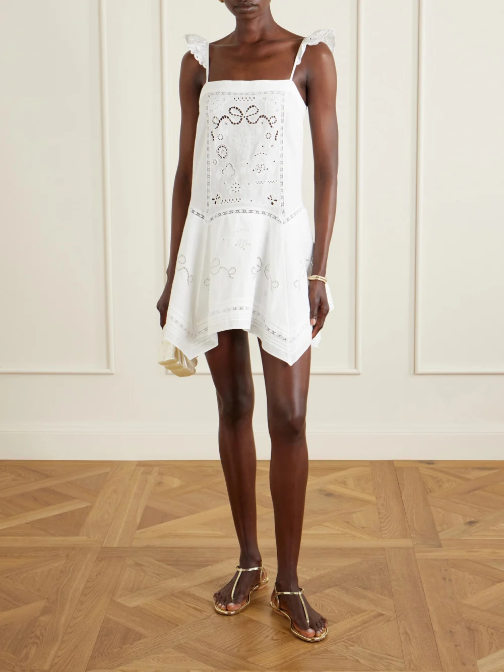 Self-Portrait Asymmetric Embroidered Linen and Cotton-blend Midi Dress, worn by a model
