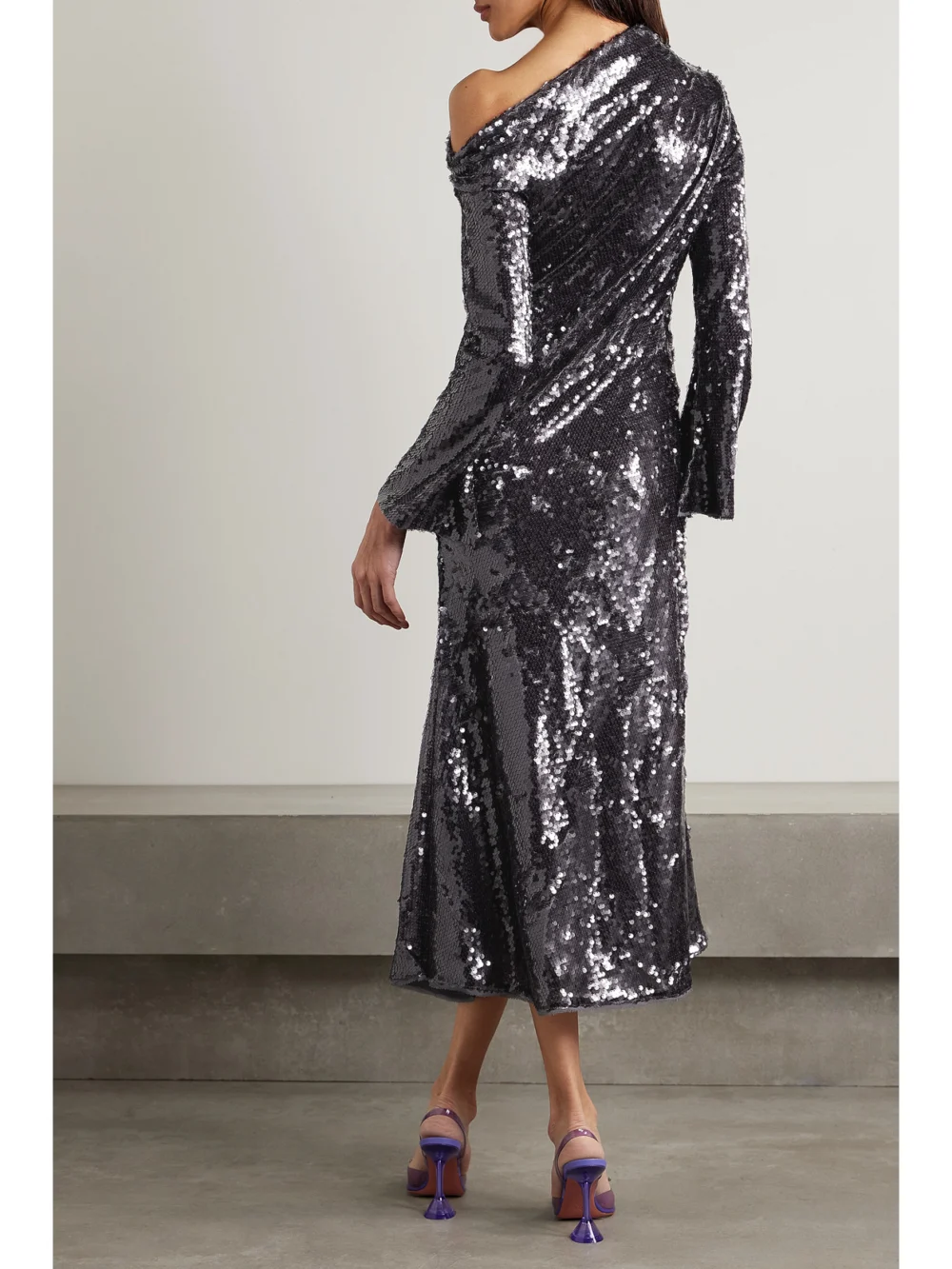 Back view of the Self-Portrait Asymmetric Sequined Mesh Midi Dress