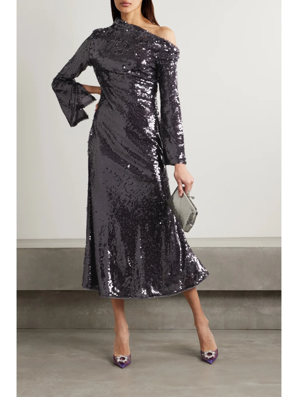 Self-Portrait Asymmetric Sequined Mesh Midi Dress, worn by a model