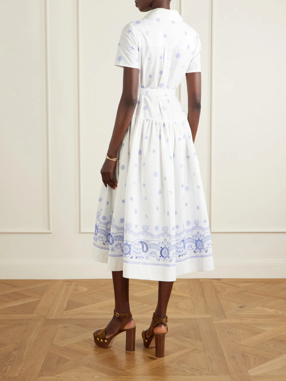 Back view of the Self-Portrait Belted Embroidered Cotton-poplin Midi Shirt Dress