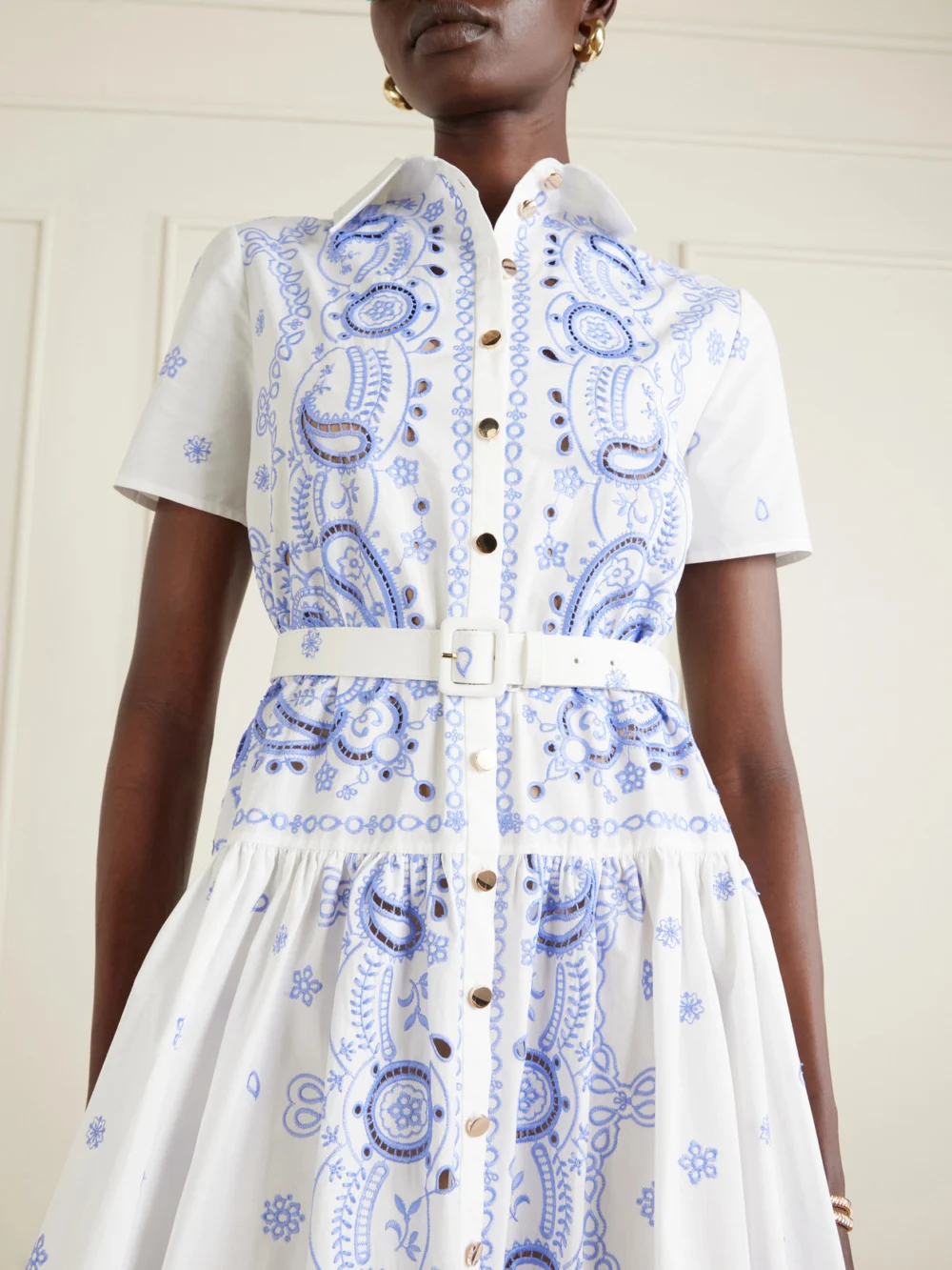 Close-up detail of the Self-Portrait Belted Embroidered Cotton-poplin Midi Shirt Dress