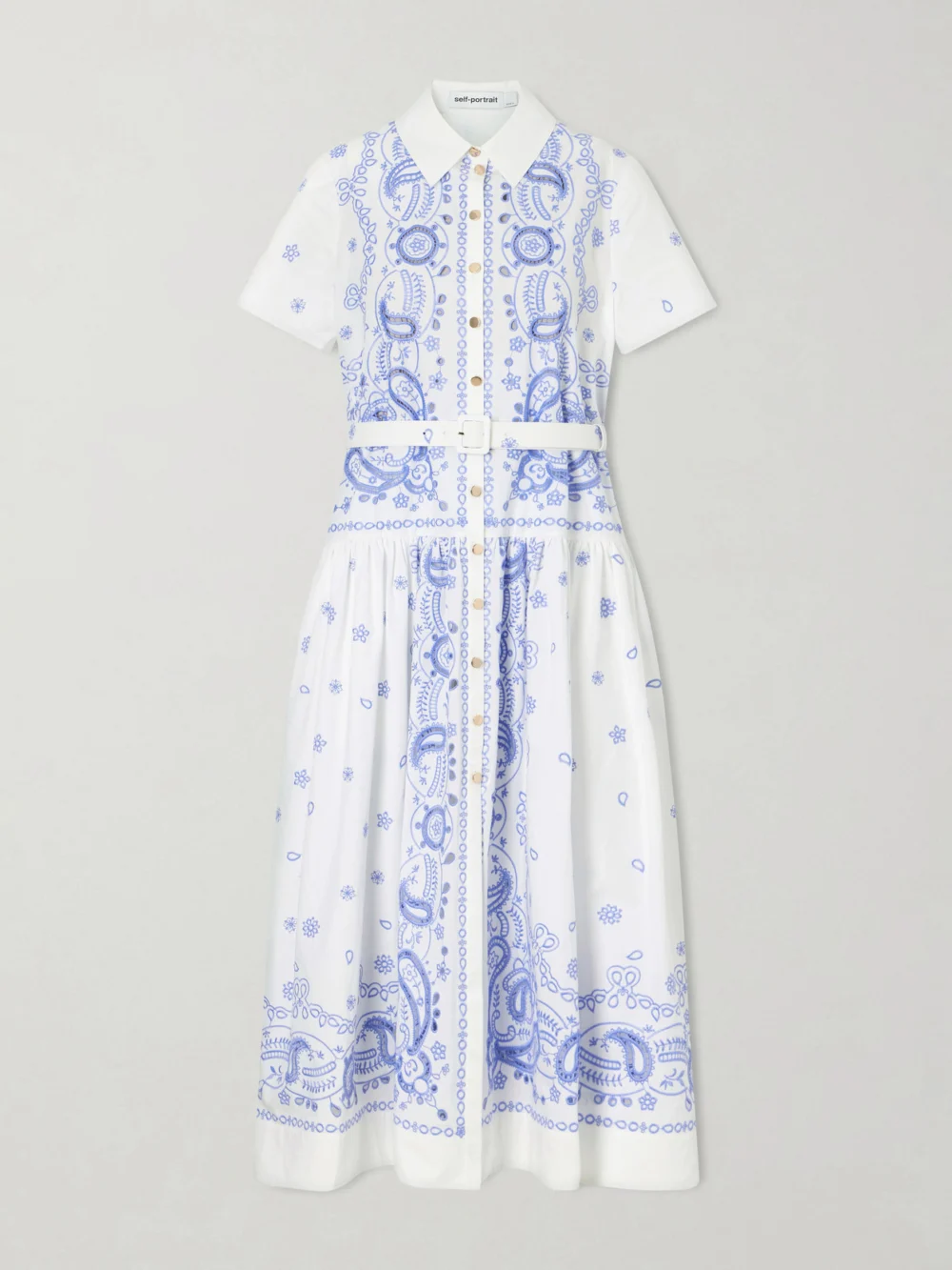 Self-Portrait Belted Embroidered Cotton-poplin Midi Shirt Dress in white