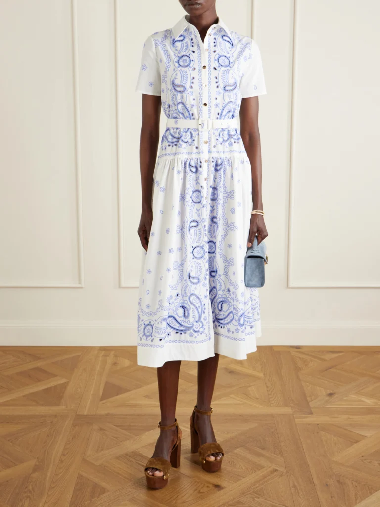 Self-Portrait Belted Embroidered Cotton-poplin Midi Shirt Dress