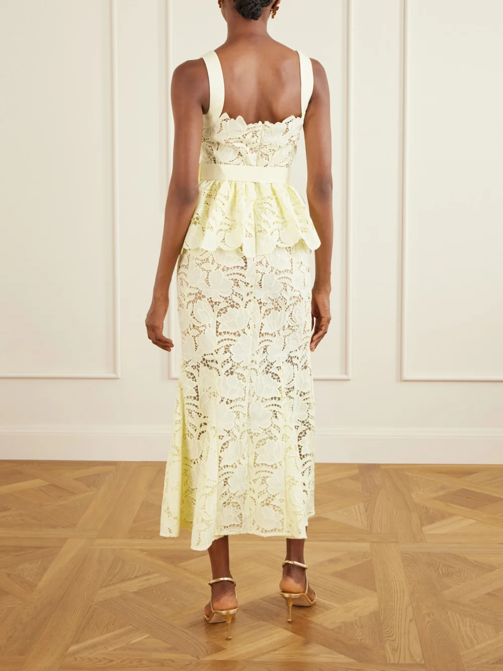 Back view of the Self-Portrait Belted Lace Peplum Midi Dress