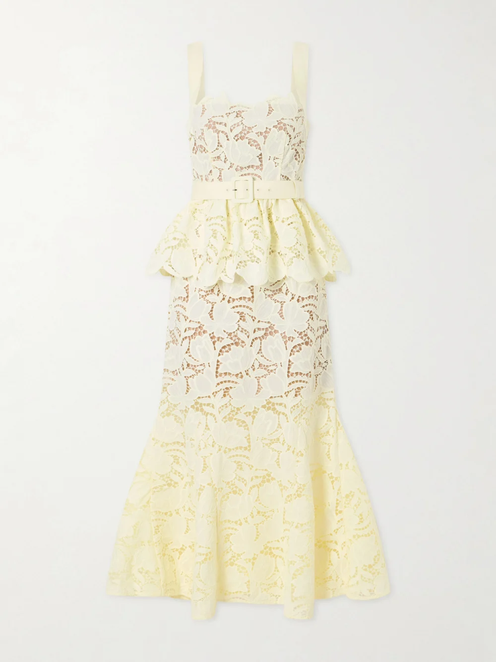 Self-Portrait Belted Lace Peplum Midi Dress in yellow