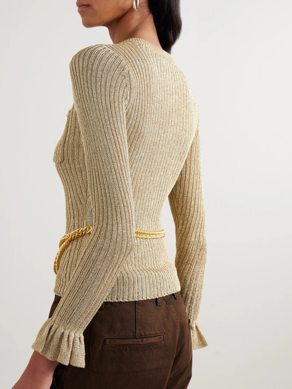Back view of the Self-Portrait Belted Ruffled Metallic Ribbed-knit Top