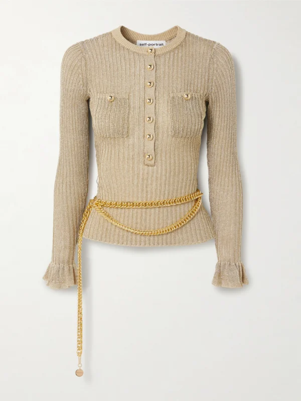 Self-Portrait Belted Ruffled Metallic Ribbed-knit Top