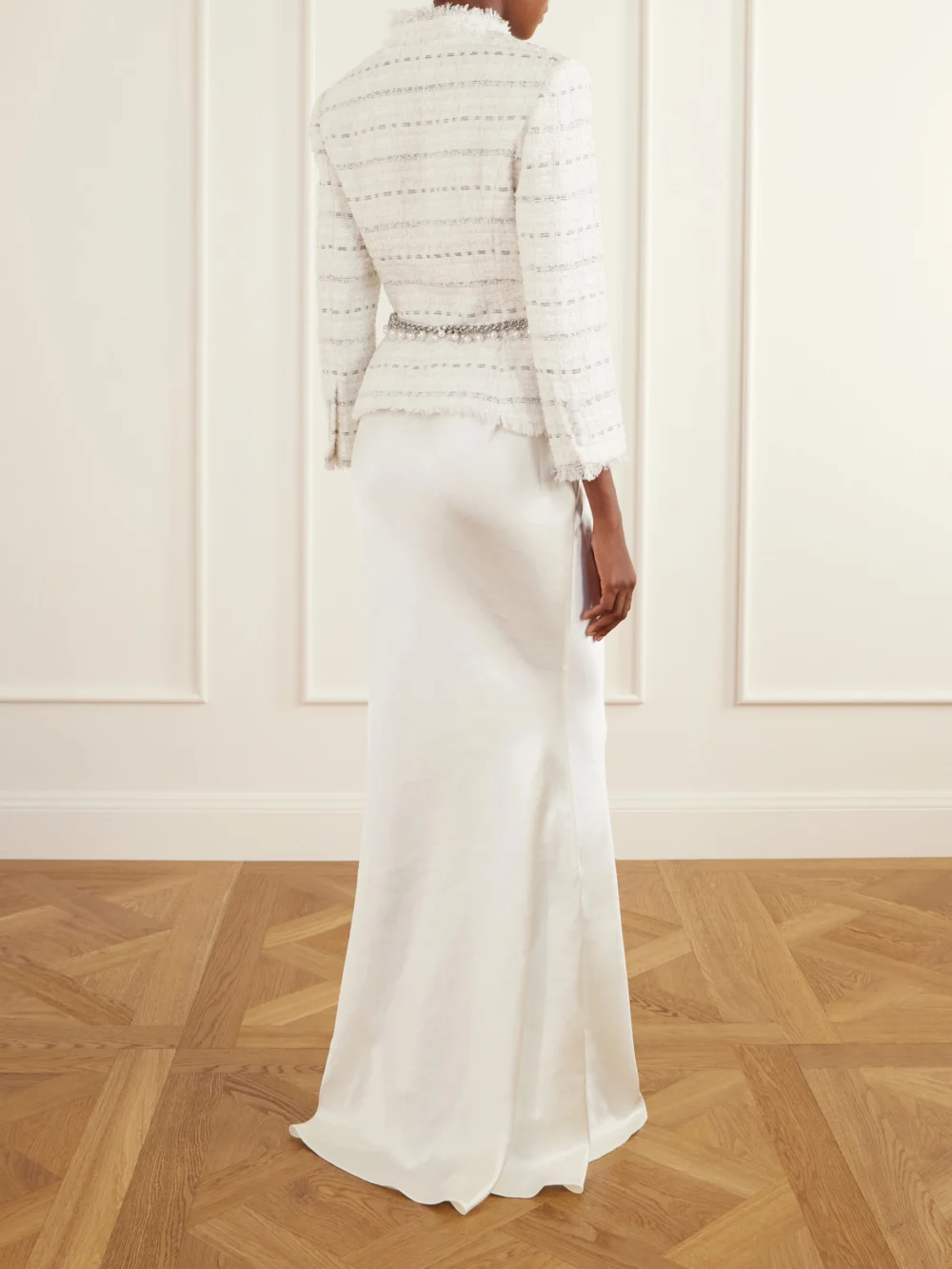 Back view of the Self-Portrait Belted Satin and Bouclé Maxi Dress
